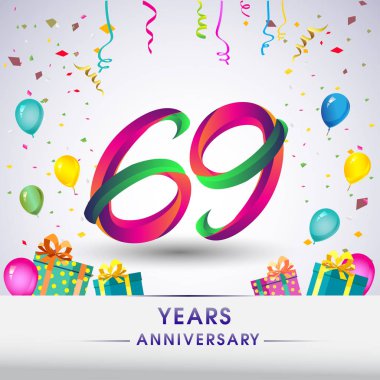 69 yıldönümü kutlama tasarım, hediye kutusu, balonlar ve konfeti, renkli vektör şablon öğeleri için senin, sekiz yıl Doğum günü kutlama partisi.