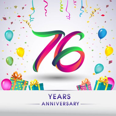 76 yıldönümü kutlama tasarım, hediye kutusu, balonlar ve konfeti, renkli vektör şablon öğeleri için senin, sekiz yıl Doğum günü kutlama partisi.