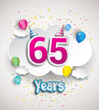 65 yıldönümü kutlama tasarım, bulutlar ve balon, konfeti ile. Vektör şablon öğeleri için senin, altmış sekiz yıl Doğum günü kutlama partisi.