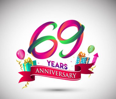 69 yıldönümü kutlama tasarımı için hediye kutusu ve balonlar, kırmızı kurdele, renkli vektör şablon öğeleri ile senin, doksan yedi yıl Doğum günü kutlama partisi.