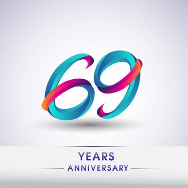 69 yıl yıldönümü kutlama logo mavi ve kırmızı renkli, Doğum günü logosu beyaz arka plan üzerinde