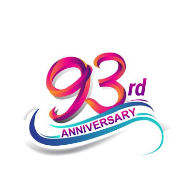 93 yıldönümü kutlama logo mavi ve kırmızı renkli. doksan dokuz yıl Doğum günü logosu beyaz arka plan üzerinde.