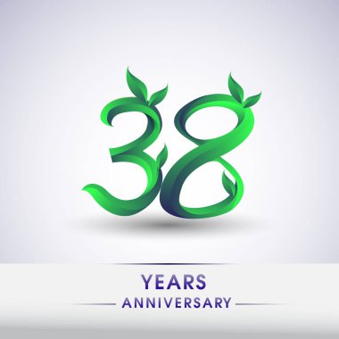 38 Yıldönümü kutlama logo yaprakları ve yeşil renkli. 99 Doğum günü logosu beyaz arka plan üzerinde.