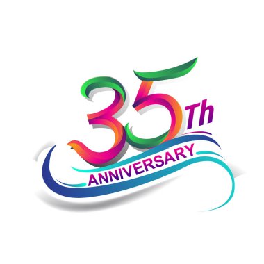 35 yıldönümü kutlama Logo yeşil ve kırmızı renkli. doksan yedi yıl Doğum günü logosu beyaz arka plan üzerinde.