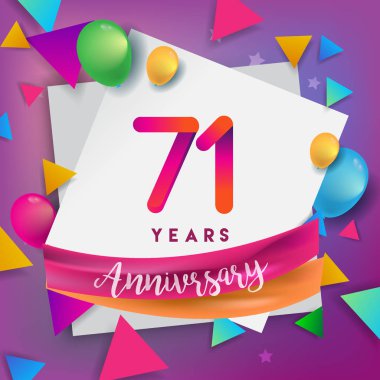 71 yıl yıldönümü kutlama tasarım, balonlar ve şerit, renkli tasarım öğeleri için afiş, davetiye, tebrik kartı, altmış üç Doğum günü kutlama partisi.