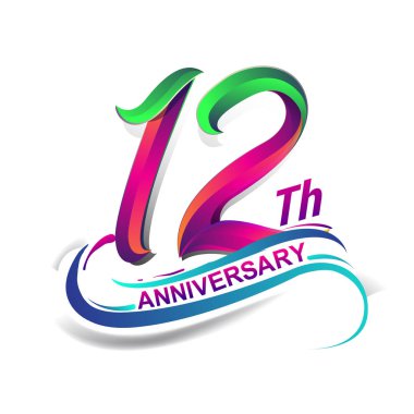 12 yıl yıldönümü kutlama logo mavi ve kırmızı renkli. Doğum günü logosu beyaz arka plan üzerinde