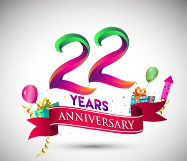 22 yıldönümü kutlama tasarımı için hediye kutusu ve balonlar, kırmızı kurdele, renkli vektör şablon öğeleri ile senin, doksan yedi yıl Doğum günü kutlama partisi.