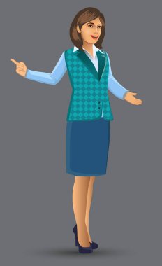 Öğretmen veya öğretim poz sunuda, kadın öğretmen karikatür figürü sundu, dersler, eğitim, sınıf vektör çizim