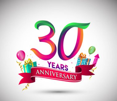 30 Yıldönümü kutlama tasarımı için hediye kutusu ve balonlar, kırmızı kurdele, renkli vektör şablon öğeleri ile senin, doksan yedi yıl Doğum günü kutlama partisi.