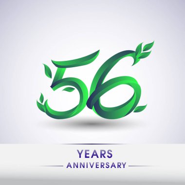 56 yıldönümü kutlama logo yaprakları ve yeşil renkli. 99 Doğum günü logosu beyaz arka plan üzerinde.