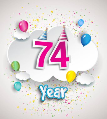 74 yıldönümü kutlama tasarım, bulutlar ve balon, konfeti ile. Vektör şablon öğeleri için senin, altmış sekiz yıl Doğum günü kutlama partisi.