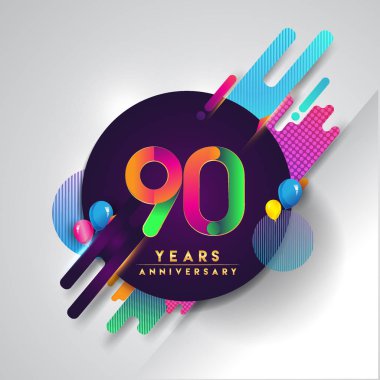 90 yıl dönümü logosu ile renkli arka plan, tasarım şablonu öğeleri için davetiye ve afiş, Doğum günü kutlaması vektör