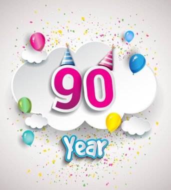 90 yıldönümü kutlama tasarım, bulutlar ve balon, konfeti ile. Vektör şablon öğeleri için senin, altmış sekiz yıl Doğum günü kutlama partisi.