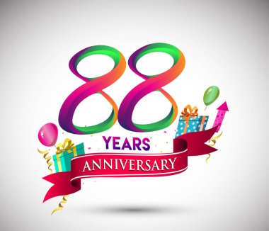 88 yıldönümü kutlama tasarımı için hediye kutusu ve balonlar, kırmızı kurdele, renkli vektör şablon öğeleri ile senin, doksan yedi yıl Doğum günü kutlama partisi.