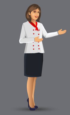 Şef kadın illüstrasyon karikatür figürü kadın şef bir menü ve gıda, broşür, afiş ve web tasarım öğeleri sundu.