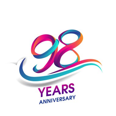 98 yıldönümü kutlama logo mavi ve kırmızı renkli. Doğum günü logosu beyaz arka plan üzerinde.