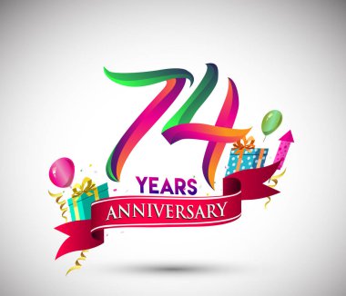 74 yıldönümü kutlama tasarımı için hediye kutusu ve balonlar, kırmızı kurdele, renkli vektör şablon öğeleri ile senin, doksan yedi yıl Doğum günü kutlama partisi.