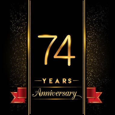 74 yıldönümü kutlama logo. yıldönümü logolu siyah arka plan, vektör tasarımı tebrik kartı ve davetiye için izole renkli konfeti altın