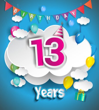 13 yıldır Doğum günü tasarım tebrik kartları ve hediye kutuları, balonlar ile poster. yıldönümü kutlamaları için tasarım şablonu
