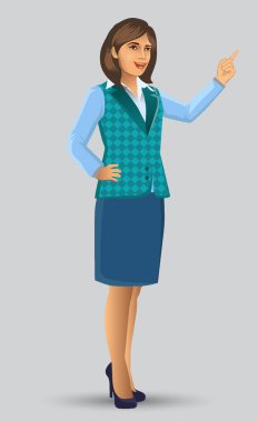 Öğretmen veya öğretim poz sunuda, kadın öğretmen karikatür figürü sundu, dersler, eğitim, sınıf vektör çizim