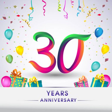  30 Yıldönümü kutlama tasarım, hediye kutusu, balonlar ve konfeti, renkli vektör şablon öğeleri için senin, sekiz yıl Doğum günü kutlama partisi.