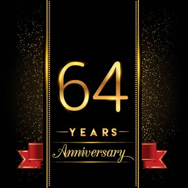 64 yıldönümü kutlama logo. yıldönümü logolu siyah arka plan, vektör tasarımı tebrik kartı ve davetiye için izole renkli konfeti altın