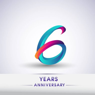 6 yıl yıldönümü kutlama logo mavi ve kırmızı renkli, Doğum günü logosu beyaz arka plan üzerinde