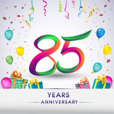 85 yıldönümü kutlama tasarım, hediye kutuları, balonlar ve konfeti, renkli vektör şablon öğeleri için senin, seksen iki yıl Doğum günü kutlama partisi.