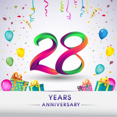 28 yıldönümü kutlama tasarım, hediye kutusu, balonlar ve konfeti, renkli vektör şablon öğeleri için senin, sekiz yıl Doğum günü kutlama partisi.