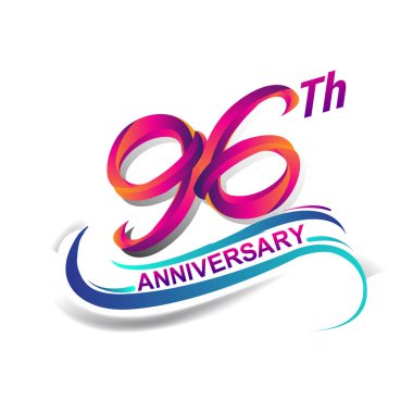 96 yıldönümü kutlama logo mavi ve kırmızı renkli. doksan dokuz yıl Doğum günü logosu beyaz arka plan üzerinde.