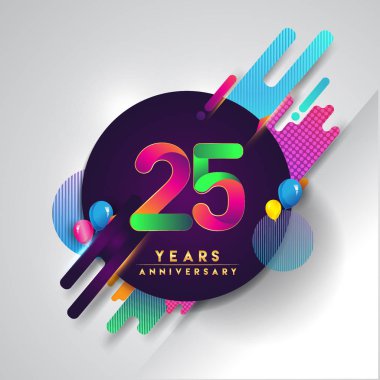 25 yıldönümü logosu ile renkli arka plan, tasarım şablonu öğeleri için davetiye ve afiş, Doğum günü kutlaması vektör