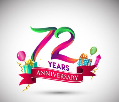 72 yıldönümü kutlama tasarımı için hediye kutusu ve balonlar, kırmızı kurdele, renkli vektör şablon öğeleri ile senin, doksan yedi yıl Doğum günü kutlama partisi.