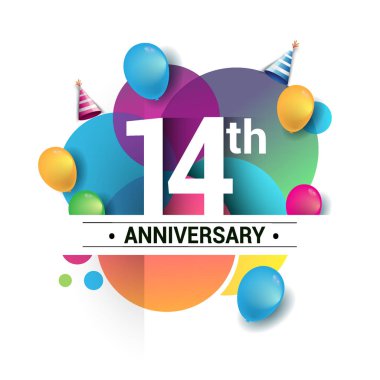 14 yıl yıldönümü logo, vektör tasarım Doğum günü kutlaması ile renkli geometrik, daireler ve beyaz arka plan üzerinde izole balonlar.