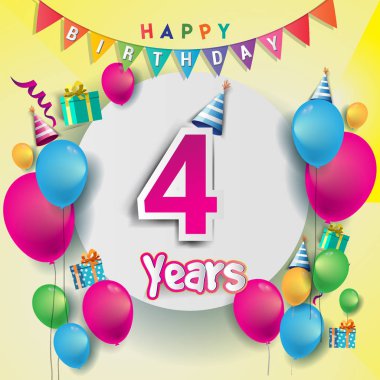 4 yıl yıldönümü kutlama tasarım balonlar ve hediye kutusu, renkli tasarım öğeleri için afiş ve davetiye kartı.