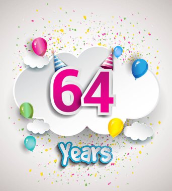 64 yıldönümü kutlama tasarım, bulutlar ve balon, konfeti ile. Vektör şablon öğeleri için senin, altmış sekiz yıl Doğum günü kutlama partisi.