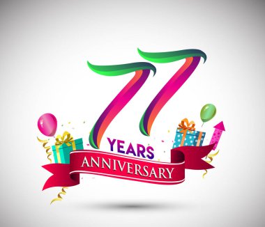 77 yıldönümü kutlama tasarımı için hediye kutusu ve balonlar, kırmızı kurdele, renkli vektör şablon öğeleri ile senin, doksan yedi yıl Doğum günü kutlama partisi.