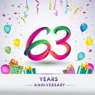 63 yıldönümü kutlama tasarım, hediye kutusu, balonlar ve konfeti, renkli vektör şablon öğeleri için senin, sekiz yıl Doğum günü kutlama partisi.
