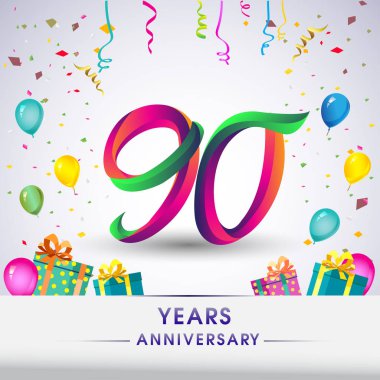 Hediye kutuları, balonlar ve konfeti, renkli vektör şablon öğeleri için 90 yıldönümü kutlama tasarım sizin, seksen iki yıl Doğum günü kutlama partisi.