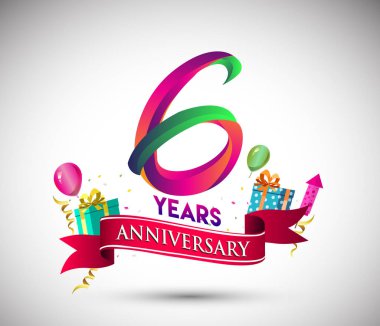 6 Yıldönümü kutlama tasarımı için hediye kutusu ve balonlar, kırmızı kurdele, renkli vektör şablon öğeleri ile senin, doksan yedi yıl Doğum günü kutlama partisi.