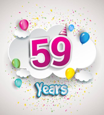 59 yıldönümü kutlama tasarım, bulutlar ve balon, konfeti ile. Vektör şablon öğeleri için senin, altmış sekiz yıl Doğum günü kutlama partisi.