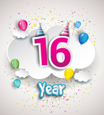16 yıldönümü kutlama tasarım, bulutlar ve balon, konfeti ile. Vektör şablon öğeleri için senin, altmış sekiz yıl Doğum günü kutlama partisi.