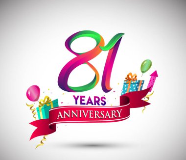 81 yıldönümü kutlama tasarımı için hediye kutusu ve balonlar, kırmızı kurdele, renkli vektör şablon öğeleri ile senin, doksan yedi yıl Doğum günü kutlama partisi.