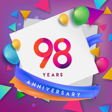 98 yıl yıldönümü kutlama tasarım, balonlar ve şerit, renkli tasarım öğeleri için afiş, davetiye, tebrik kartı, altmış üç Doğum günü kutlama partisi.