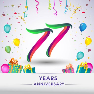 77 yıldönümü kutlama tasarım, hediye kutusu, balonlar ve konfeti, renkli vektör şablon öğeleri için senin, sekiz yıl Doğum günü kutlama partisi.