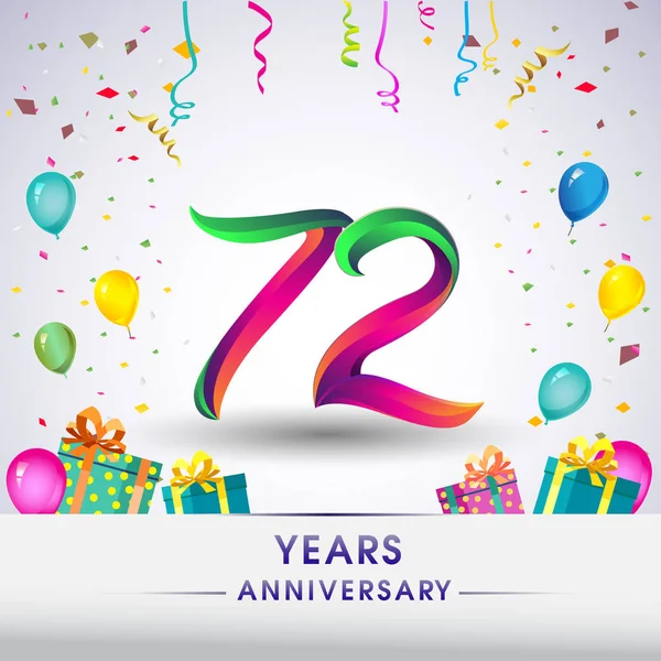 72周年庆典设计 配礼品盒 气球和五彩纸屑 彩色矢量模板元素为您 八年生日庆祝聚会 — 图库矢量图片