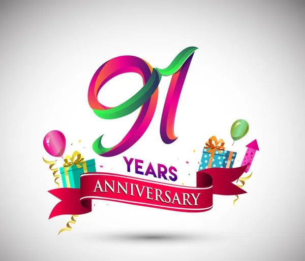 91周年庆典设计 带礼品盒和气球 红丝带 彩色矢量模板元素为您 九十七年生日庆祝聚会 — 图库矢量图片