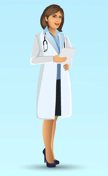 Молодий Доктор Поставою Карикатурний Малюнок Жінки Лікаря Представлений Лікарня Медичної — стоковий вектор