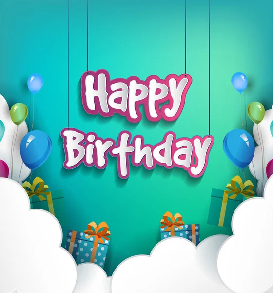 幸せな誕生日タイポグラフィ ベクター デザインのグリーティング カードやポスターを風船やギフト ボックス 誕生日のお祝い用のデザイン テンプレート — ストックベクタ