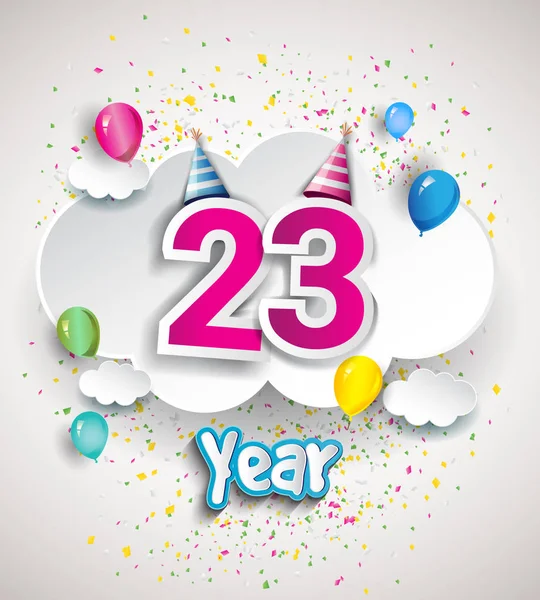 23 yıldönümü kutlama tasarım, bulutlar ve balon, konfeti ile. Vektör şablon öğeleri için senin, altmış sekiz yıl Doğum günü kutlama partisi.