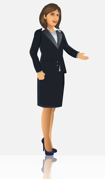 立ち位置やプレゼンテーションのポーズ ベクトル図で黒のスーツの女性実業家 — ストックベクタ